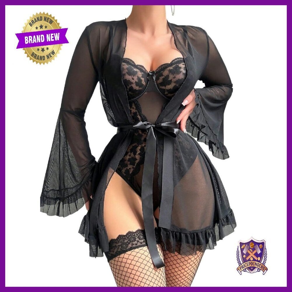 3-Piece Lace Lingerie Set with Robe, Teddy, Stockings, Belt - Size S